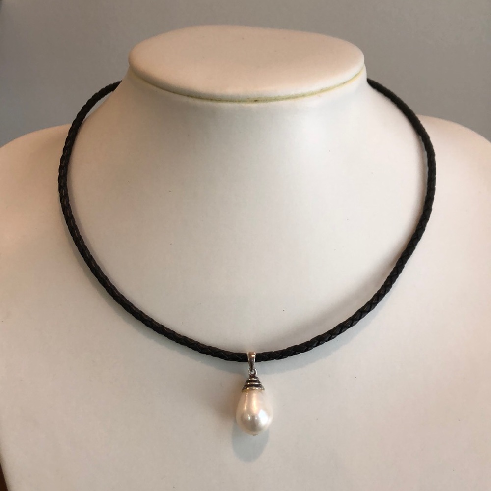 Pearl and Sterling Silver Pendant on Woven Leather Necklace